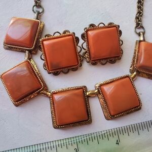 Vintage Thermoset Panel Necklace Earring Set 40s 50s Copper Lucite